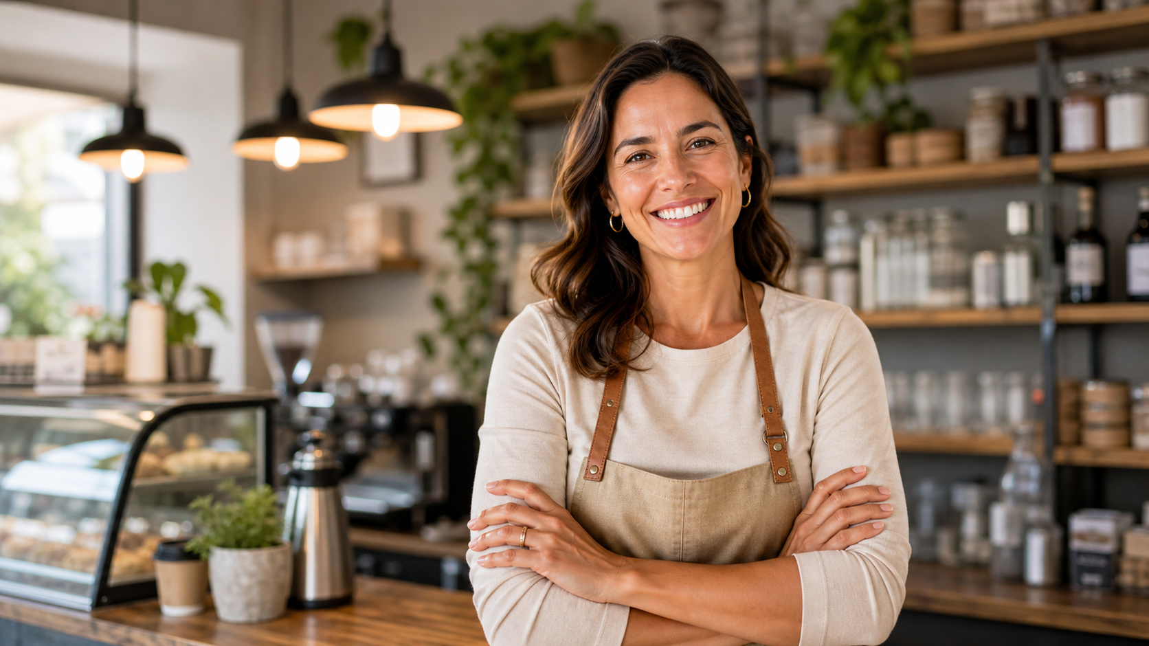 Dona de pequeno negocio sorrindo em sua loja