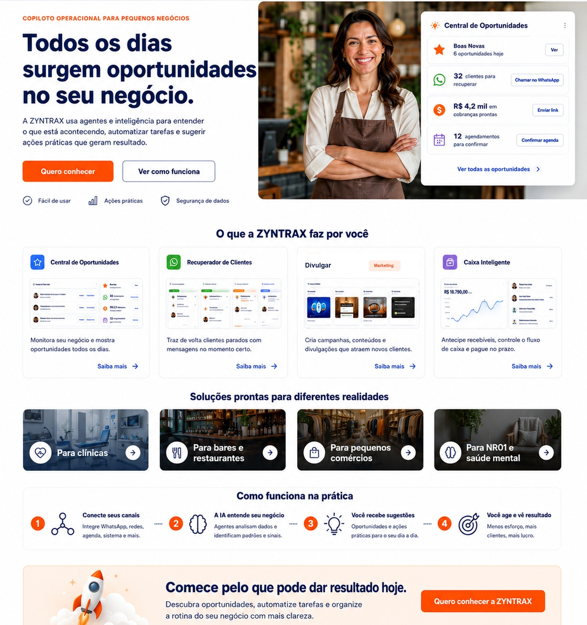 Home da ZYNTRAX.ai com Central de Oportunidades, produtos e segmentos